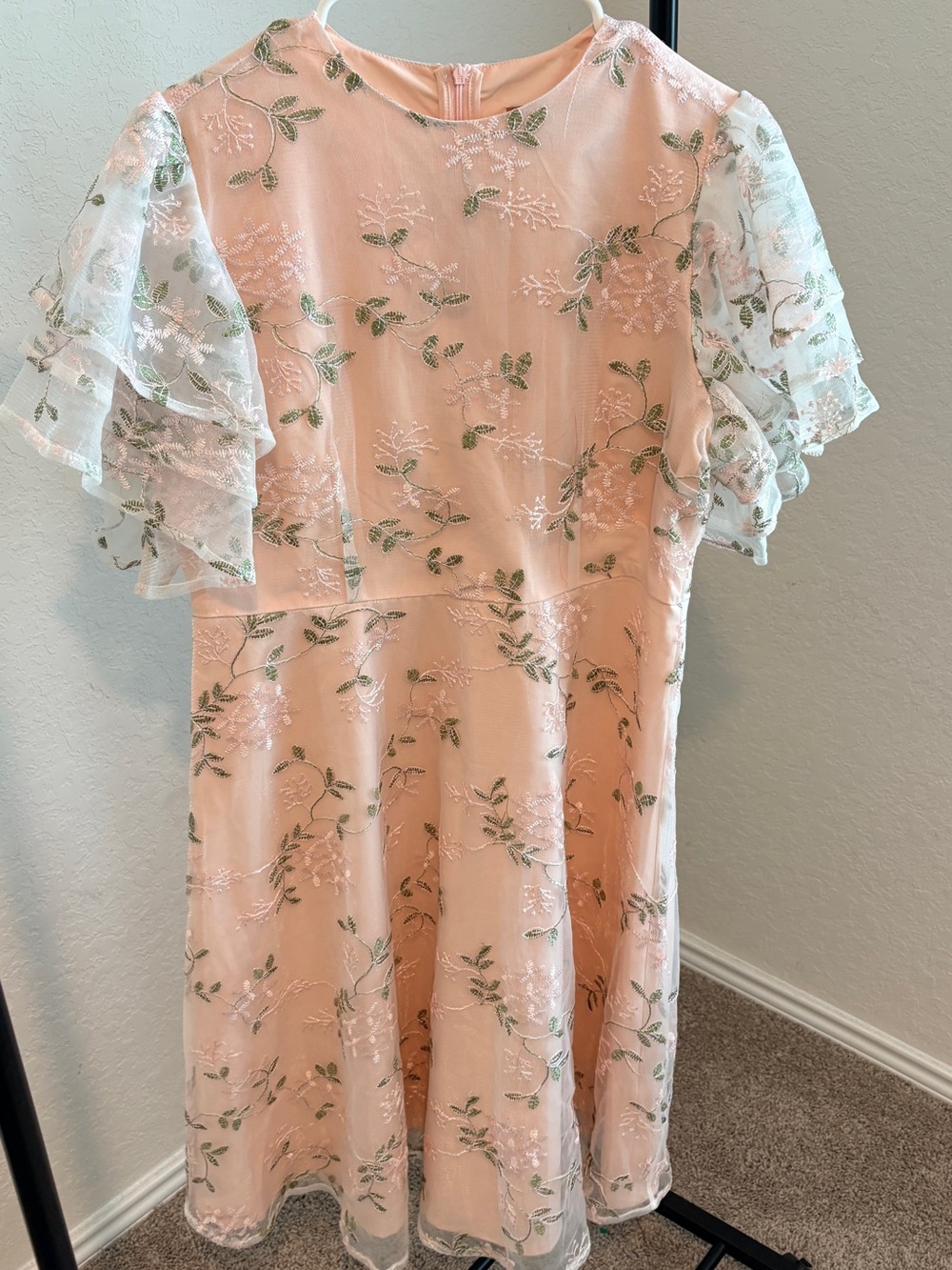 JessaKae Peach Floral Embroidered Lace Dress with Ruffle Sleeves